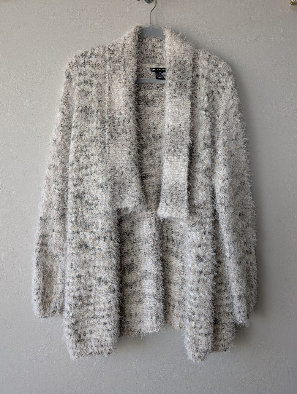 Lauren Michelle Cream Gray Fuzzy Knit Cardigan with Metallic Thread Size M Warm
